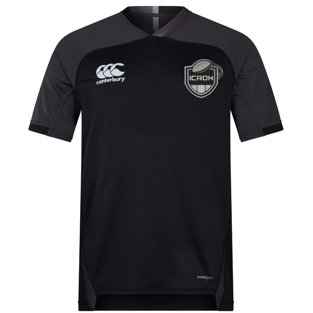 Short-sleeved black ICRON Vapodri Evader Jersey by Canterbury with a V-neck, featuring a logo on the left chest and “VAPODRI” branding on the bottom hem.