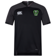Black short-sleeved Rock Rugby Vapodri Evader Jersey by Canterbury featuring dark grey shoulders and a green “Rock Rugby Lions” team crest.