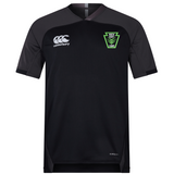 Black short-sleeved Rock Rugby Vapodri Evader Jersey by Canterbury featuring dark grey shoulders and a green “Rock Rugby Lions” team crest.