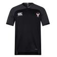 A black Superior Rugby Club Vapodri Evader Jersey by EMB Canterbury, featuring short sleeves and "Canterbury" plus "Salford Red Devils" logos on the chest. Made with moisture-wicking Vapodri tech, shown on a plain white background.