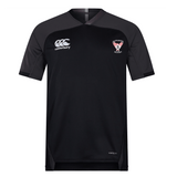 A black Superior Rugby Club Vapodri Evader Jersey by EMB Canterbury, featuring short sleeves and "Canterbury" plus "Salford Red Devils" logos on the chest. Made with moisture-wicking Vapodri tech, shown on a plain white background.