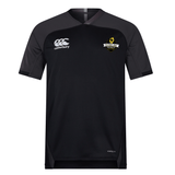 Black short-sleeve Chicago Riot Vapodri Evader Jersey by EMB Canterbury, featuring moisture-wicking fabric, the "EMB Canterbury" logo on the right chest, and a "Chicago Riot Rugby" crest on the left chest.