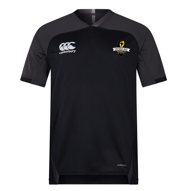 Black short-sleeve Chicago Riot Vapodri Evader Jersey by EMB Canterbury, featuring moisture-wicking fabric, the "EMB Canterbury" logo on the right chest, and a "Chicago Riot Rugby" crest on the left chest.
