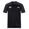 Black short-sleeve Chicago Riot Vapodri Evader Jersey by EMB Canterbury, featuring moisture-wicking fabric, the "EMB Canterbury" logo on the right chest, and a "Chicago Riot Rugby" crest on the left chest.
