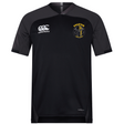 The Spartan Youth Rugby Vapodri Evader Jersey by EMB Canterbury is a black short-sleeve top with moisture-wicking fabric, the Canterbury logo on the right chest, and a yellow Spartan emblem on the left.