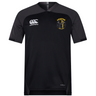 The Spartan Youth Rugby Vapodri Evader Jersey by EMB Canterbury is a black short-sleeve top with moisture-wicking fabric, the Canterbury logo on the right chest, and a yellow Spartan emblem on the left.