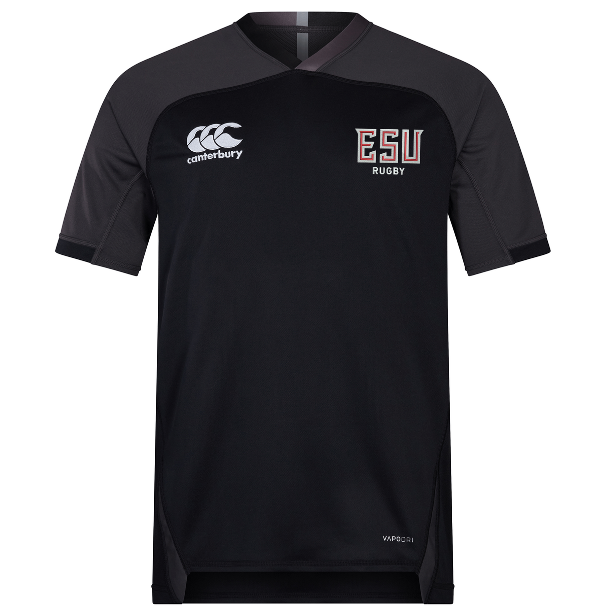 The East Stroudsburg University Vapodri Evader Jersey by EMB Canterbury is a black short-sleeve rugby shirt featuring moisture-wicking tech, the Canterbury logo, and "ESU Rugby" text on the chest.