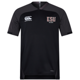 The East Stroudsburg University Vapodri Evader Jersey by EMB Canterbury is a black short-sleeve rugby shirt featuring moisture-wicking tech, the Canterbury logo, and "ESU Rugby" text on the chest.