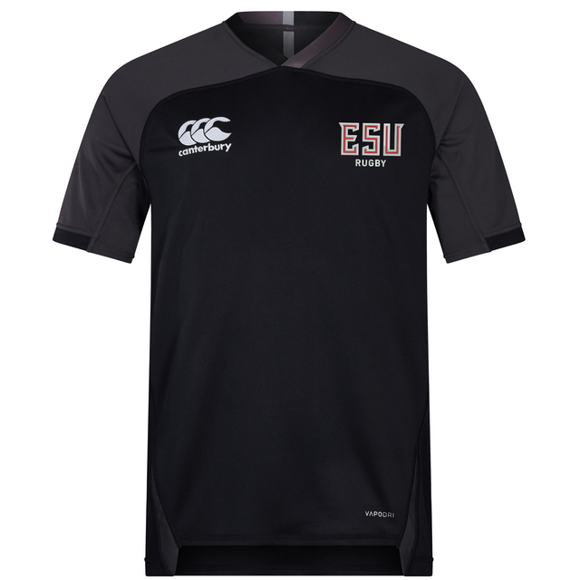 The East Stroudsburg University Vapodri Evader Jersey by EMB Canterbury is a black short-sleeve rugby shirt featuring moisture-wicking tech, the Canterbury logo, and "ESU Rugby" text on the chest.