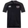 The East Stroudsburg University Vapodri Evader Jersey by EMB Canterbury is a black short-sleeve rugby shirt featuring moisture-wicking tech, the Canterbury logo, and "ESU Rugby" text on the chest.
