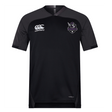 The Cypress Warriors Men's Rugby Vapodri Evader Jersey by EMB Canterbury is a black short-sleeve jersey with moisture-wicking technology, a white EMB Canterbury logo on the right chest, and a pirate-themed team crest on the left.
