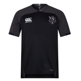 The Cypress Warriors Men's Rugby Vapodri Evader Jersey by EMB Canterbury is a black short-sleeve jersey with moisture-wicking technology, a white EMB Canterbury logo on the right chest, and a pirate-themed team crest on the left.