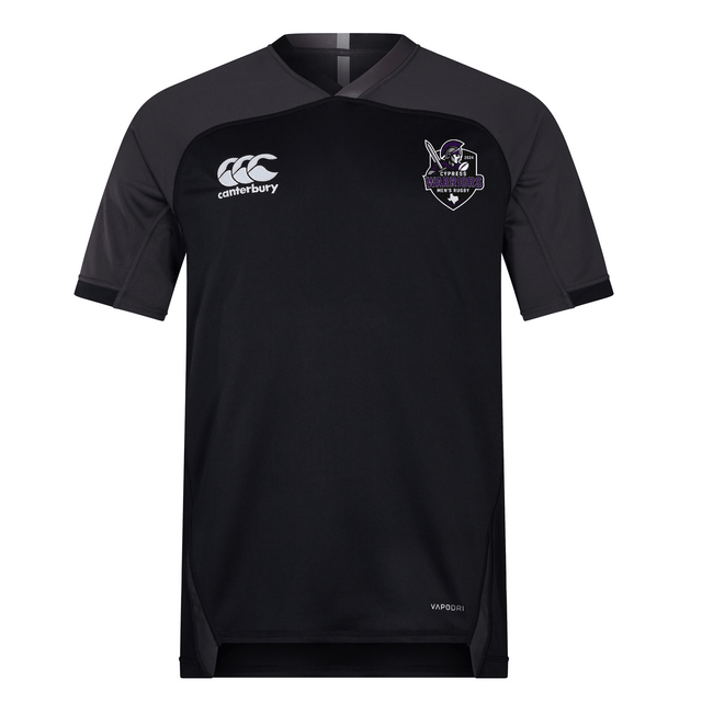 The Cypress Warriors Men's Rugby Vapodri Evader Jersey by EMB Canterbury is a black short-sleeve jersey with moisture-wicking technology, a white EMB Canterbury logo on the right chest, and a pirate-themed team crest on the left.