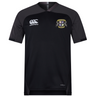 The Winchester Cannons Vapodri Evader Jersey by EMB Canterbury features black short sleeves, dark gray shoulders, a right-chest Canterbury logo, left crest with text and symbols, and moisture-wicking technology for comfort.