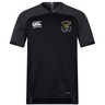 Short-sleeved black Hornets Rugby Club 1977 Vapodri Evader Jersey by EMB Canterbury, featuring grey shoulders and moisture-wicking Vapodri fabric for enhanced comfort. The jersey includes the EMB Canterbury logo on the right chest and a hornet emblem with "Hornets Rugby Club 1977" on the left chest.