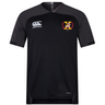 The Potomac Exiles Rugby Club Vapodri Evader Jersey by EMB Canterbury is a black, short-sleeve rugby jersey featuring the Canterbury logo on the right chest, a vibrant Potomac Exiles crest on the left chest, and "Vapodri" text near the hem. This jersey’s advanced moisture-wicking technology ensures you stay cool and comfortable throughout every match.
