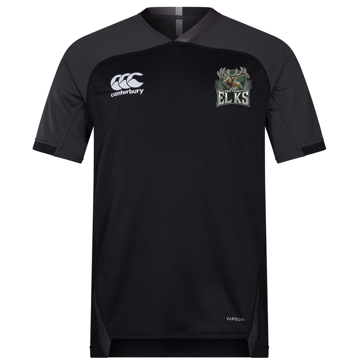 The Lewis County Elks Vapodri Evader Jersey by EMB Canterbury is a black, short-sleeved rugby jersey featuring grey shoulder panels and advanced moisture-wicking technology for comfort on and off the field. It displays the Canterbury logo on the right chest and an embroidered Lewis County Elks team badge on the left chest.