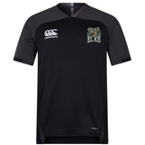 The Lewis County Elks Vapodri Evader Jersey by EMB Canterbury is a black, short-sleeved rugby jersey featuring grey shoulder panels and advanced moisture-wicking technology for comfort on and off the field. It displays the Canterbury logo on the right chest and an embroidered Lewis County Elks team badge on the left chest.