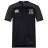 The Lewis County Elks Vapodri Evader Jersey by EMB Canterbury is a black, short-sleeved rugby jersey featuring grey shoulder panels and advanced moisture-wicking technology for comfort on and off the field. It displays the Canterbury logo on the right chest and an embroidered Lewis County Elks team badge on the left chest.