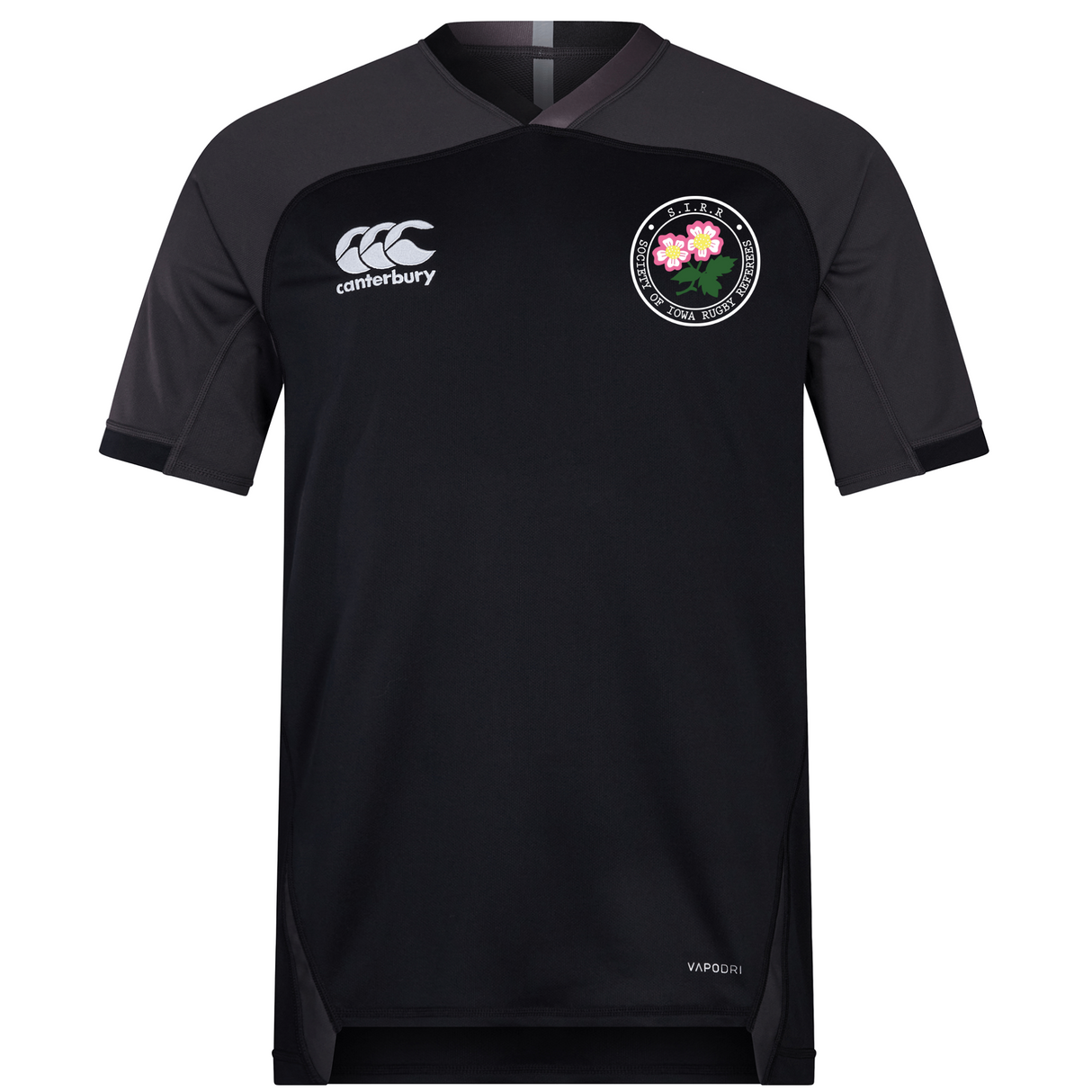 Society of Iowa Rugby Referees Vapodri Evader Jersey by EMB Canterbury—black short-sleeve design with the Canterbury logo on the right chest and a circular floral emblem on the left chest, crafted from moisture-wicking fabric to keep you comfortable during intense play.