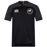 Society of Iowa Rugby Referees Vapodri Evader Jersey by EMB Canterbury—black short-sleeve design with the Canterbury logo on the right chest and a circular floral emblem on the left chest, crafted from moisture-wicking fabric to keep you comfortable during intense play.
