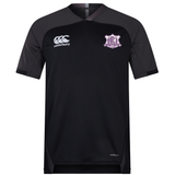 Black short-sleeve Western Carolina University Vapodri Evader Jersey by Canterbury featuring a purple and white team crest on the chest.
