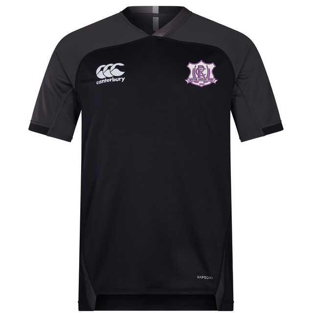 Black short-sleeve Western Carolina University Vapodri Evader Jersey by Canterbury featuring a purple and white team crest on the chest.