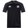 Black short-sleeve Western Carolina University Vapodri Evader Jersey by Canterbury featuring a purple and white team crest on the chest.