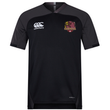 The Godzilla Rugby Football Club Vapodri Evader Jersey by EMB Canterbury is a black short-sleeve rugby jersey featuring the EMB Canterbury logo on the right chest and the maroon and yellow Godzilla RFC logo on the left chest. Constructed with advanced moisture-wicking technology, this jersey also showcases the “VapoDri” text near the bottom.