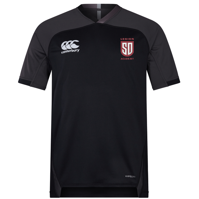 Black short-sleeved Canterbury Legion Academy Vapodri Evader Jersey with a charcoal collar, featuring a logo on the left chest that reads “Legion SD Academy.”