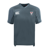 The EMB Canterbury Superior Rugby Club Vapodri Evader Jersey is a gray short-sleeve top with moisture-wicking tech, featuring the Canterbury logo on the right chest and Salford Red Devils crest on the left.