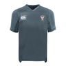 The EMB Canterbury Superior Rugby Club Vapodri Evader Jersey is a gray short-sleeve top with moisture-wicking tech, featuring the Canterbury logo on the right chest and Salford Red Devils crest on the left.
