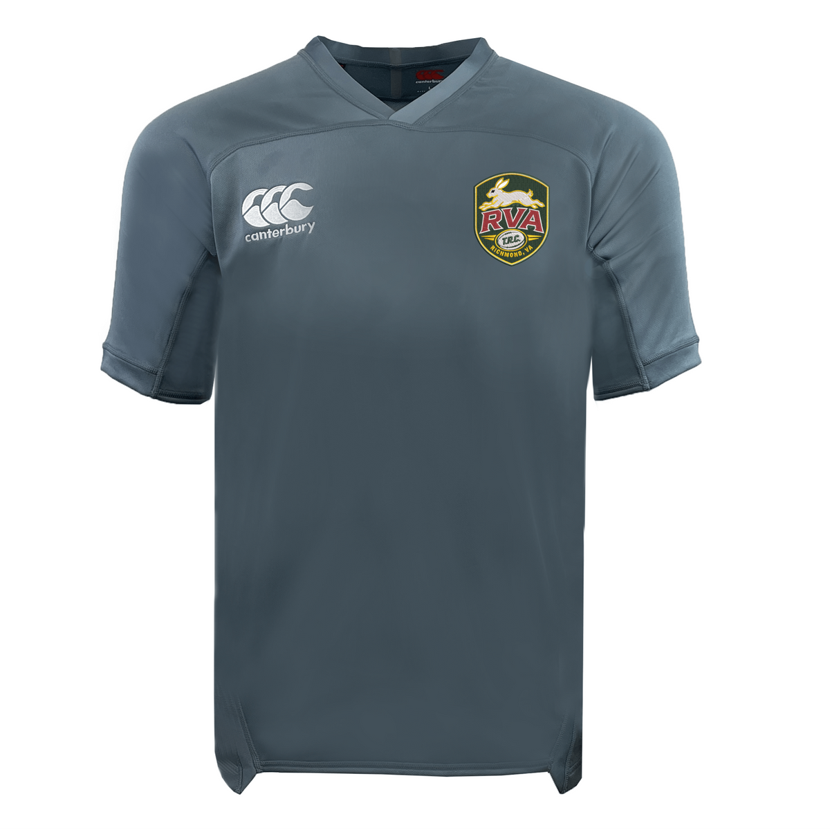 The RVA T.R.C. Vapodri Evader Jersey by EMB Canterbury is a gray short-sleeve rugby jersey featuring an “RVA” crest on the left chest and the Canterbury logo on the right chest. Designed with Vapodri moisture-wicking technology, it keeps you cool and comfortable during any activity.