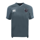 The Cypress Warriors Men's Rugby Vapodri Evader Jersey by EMB Canterbury features gray short sleeves, moisture-wicking tech, the Canterbury logo on the right chest, and a purple/black pirate-themed crest on the left.