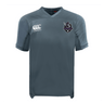 The Cypress Warriors Men's Rugby Vapodri Evader Jersey by EMB Canterbury features gray short sleeves, moisture-wicking tech, the Canterbury logo on the right chest, and a purple/black pirate-themed crest on the left.