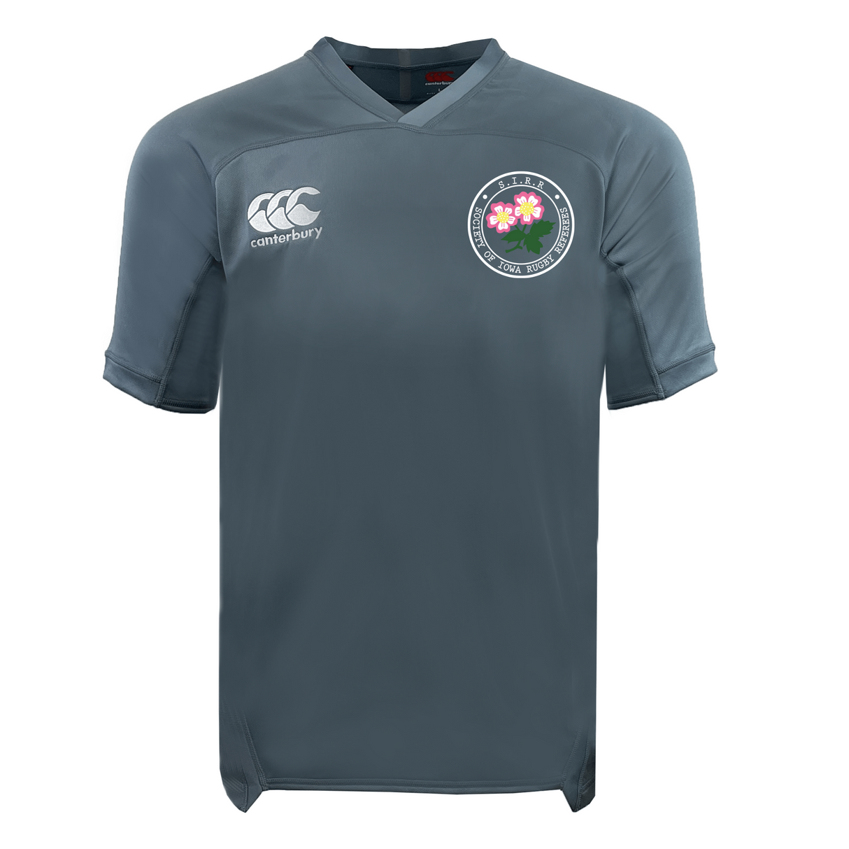The Society of Iowa Rugby Referees Vapodri Evader Jersey by EMB Canterbury is a gray short-sleeve rugby jersey featuring a white EMB Canterbury logo on the right chest and a round floral badge on the left chest. Designed with moisture-wicking Vapodri fabric, this jersey keeps you cool and dry for lasting comfort during every game.