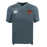 The Godzilla Rugby Football Club Vapodri Evader Jersey by EMB Canterbury is a plain gray short-sleeved rugby jersey featuring moisture-wicking Vapodri technology, with the Canterbury logo on the right chest and an embroidered “Godzilla” badge with a red creature on the left chest.