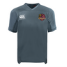 The Godzilla Rugby Football Club Vapodri Evader Jersey by EMB Canterbury is a plain gray short-sleeved rugby jersey featuring moisture-wicking Vapodri technology, with the Canterbury logo on the right chest and an embroidered “Godzilla” badge with a red creature on the left chest.