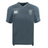Grey, short-sleeved Cal Lutheran University Vapodri Evader Jersey by Canterbury featuring a V-neck, brand logo, and a crest with a knight’s helmet and crossed swords.