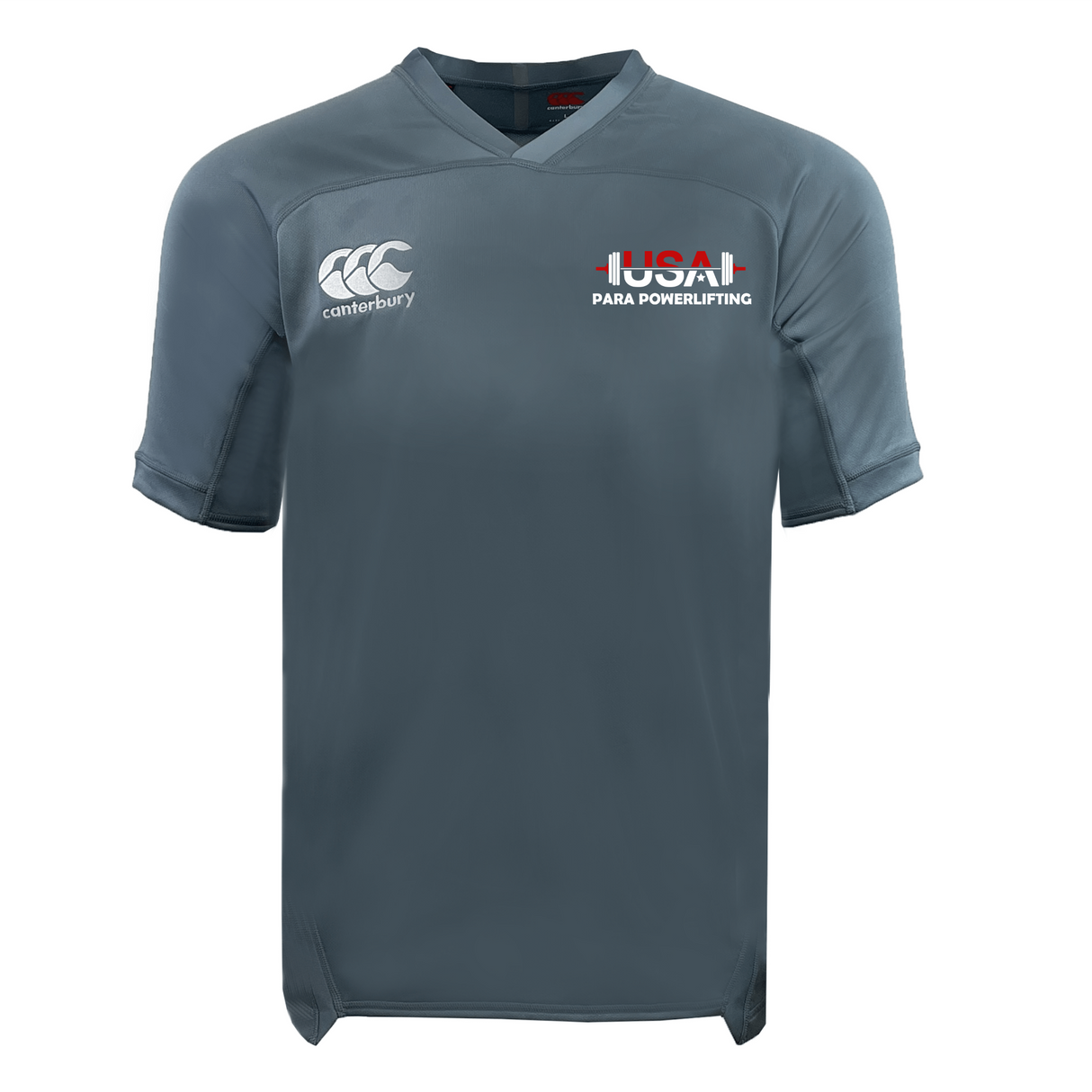 The USA Para Powerlifting Vapodri Evader Jersey by EMB Canterbury is a gray short-sleeve shirt featuring the logo and text on the chest, with moisture-wicking technology and classic rugby-inspired design.