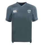 The Milwaukee Barbarians Rugby Vapodri Evader Jersey by EMB Canterbury is a gray short-sleeve rugby top with a V-neck, moisture-wicking fabric, the Canterbury logo on the right chest, and the club crest on the left.