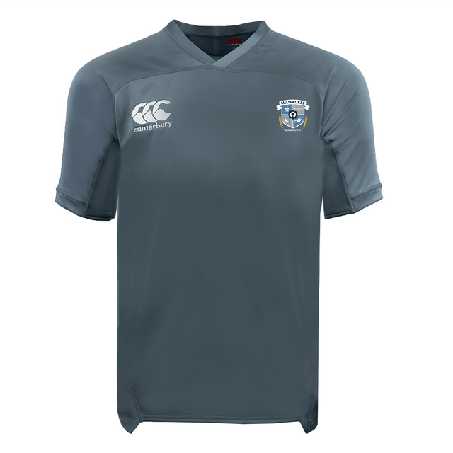 The Milwaukee Barbarians Rugby Vapodri Evader Jersey by EMB Canterbury is a gray short-sleeve rugby top with a V-neck, moisture-wicking fabric, the Canterbury logo on the right chest, and the club crest on the left.