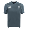 The Milwaukee Barbarians Rugby Vapodri Evader Jersey by EMB Canterbury is a gray short-sleeve rugby top with a V-neck, moisture-wicking fabric, the Canterbury logo on the right chest, and the club crest on the left.