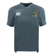 Grey VapoDri Takoma Touch Rugby Vapodri Evader Jersey by Canterbury with a v-neck, featuring a logo on the left chest and a club crest on the right.