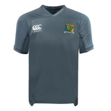 Grey VapoDri Takoma Touch Rugby Vapodri Evader Jersey by Canterbury with a v-neck, featuring a logo on the left chest and a club crest on the right.