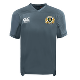 The Old Man Rivah Rugby Vapodri Evader Jersey by EMB Canterbury is a gray short-sleeve jersey with moisture-wicking tech, the Canterbury logo on the right chest, and an "Old Man Rivah" crest on the left.