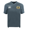 The Old Man Rivah Rugby Vapodri Evader Jersey by EMB Canterbury is a gray short-sleeve jersey with moisture-wicking tech, the Canterbury logo on the right chest, and an "Old Man Rivah" crest on the left.
