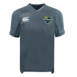 The Kingwood Rugby Vapodri Evader Jersey by EMB Canterbury is a grey, short-sleeved v-neck rugby shirt with a left chest Canterbury logo, right chest Kingwood Rugby 2004 crest, and moisture-wicking fabric for comfort.