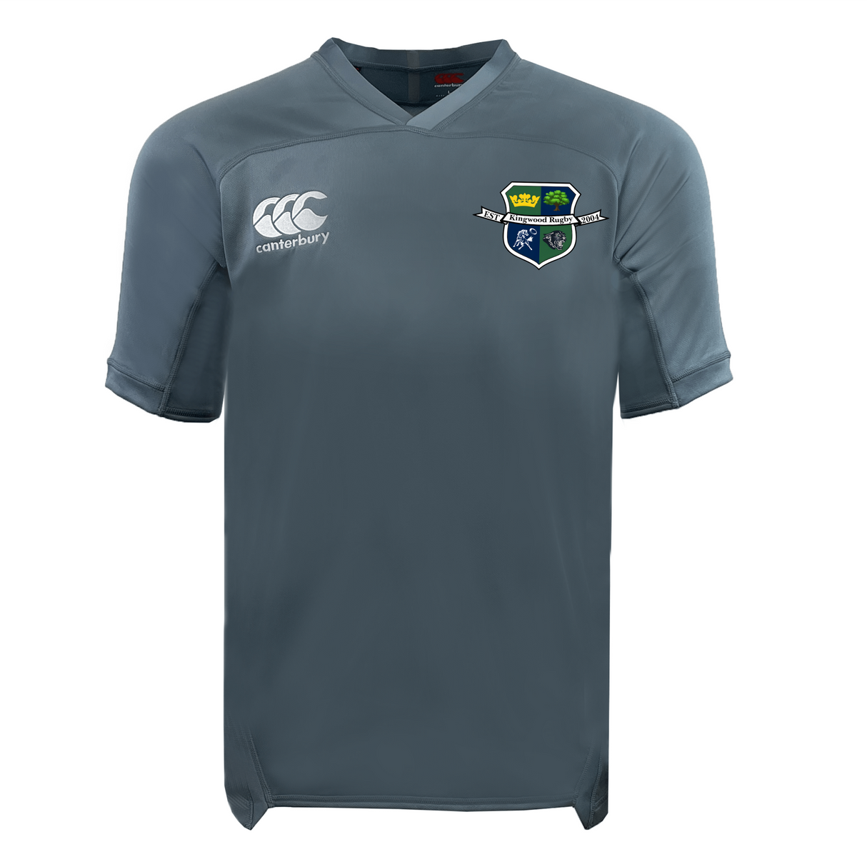 The Kingwood Rugby Vapodri Evader Jersey by EMB Canterbury is a grey, short-sleeved v-neck rugby shirt with a left chest Canterbury logo, right chest Kingwood Rugby 2004 crest, and moisture-wicking fabric for comfort.