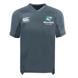 The NC Rugby Academy - Megalodons Vapodri Evader Jersey by EMB Canterbury features short sleeves, "Canterbury" and "Megalodons Rugby Academy" logos, a shark graphic, and moisture-wicking fabric for cool comfort on the field.